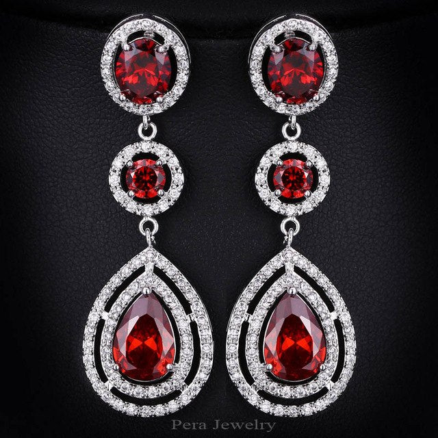 cz luxury royal bridal jewelry long halo tear drop dark blue big cubic zirconia stone wedding earrings for women ruby red