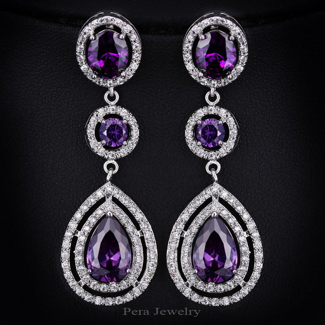 cz luxury royal bridal jewelry long halo tear drop dark blue big cubic zirconia stone wedding earrings for women purple