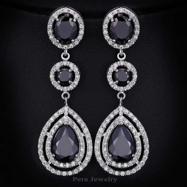 cz luxury royal bridal jewelry long halo tear drop dark blue big cubic zirconia stone wedding earrings for women black