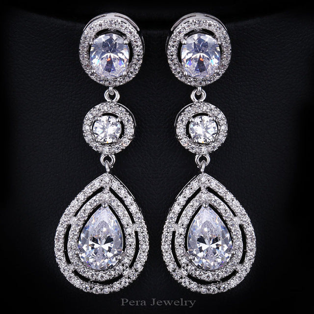 cz luxury royal bridal jewelry long halo tear drop dark blue big cubic zirconia stone wedding earrings for women white