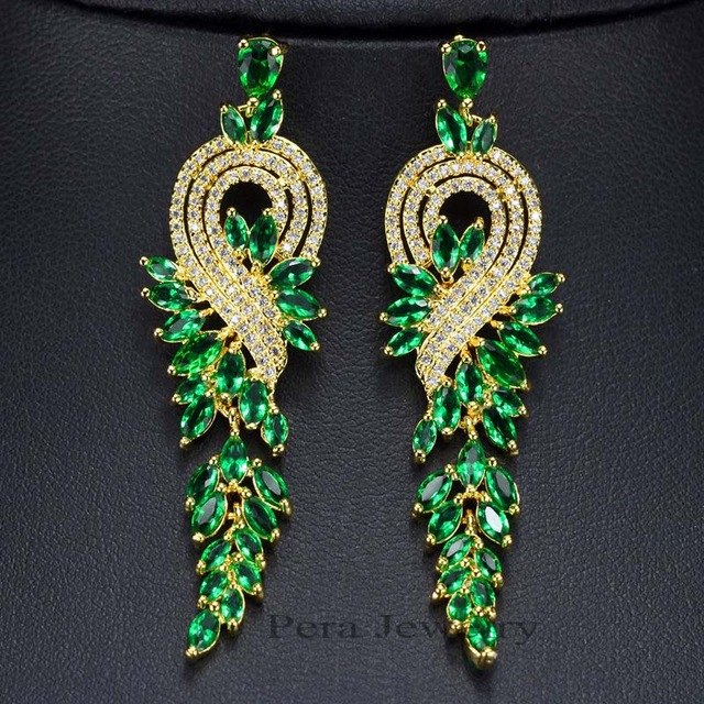 famous brand india red cz stone jewelry long dropping big leaf shape women evening party cubic zircon earrings green