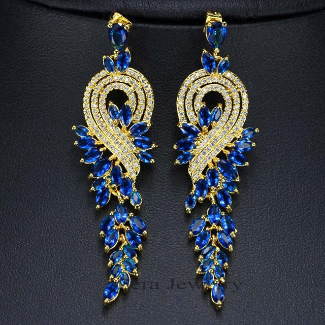 famous brand india red cz stone jewelry long dropping big leaf shape women evening party cubic zircon earrings blue