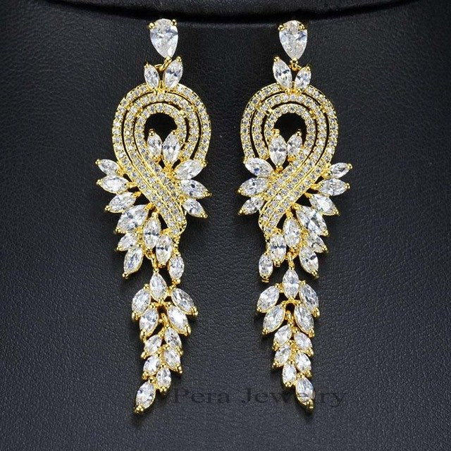 famous brand india red cz stone jewelry long dropping big leaf shape women evening party cubic zircon earrings white