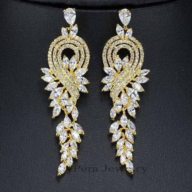 famous brand india red cz stone jewelry long dropping big leaf shape women evening party cubic zircon earrings white