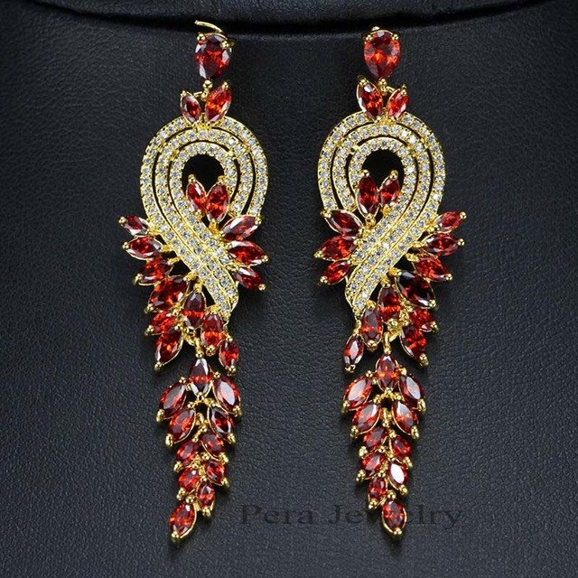 famous brand india red cz stone jewelry long dropping big leaf shape women evening party cubic zircon earrings red