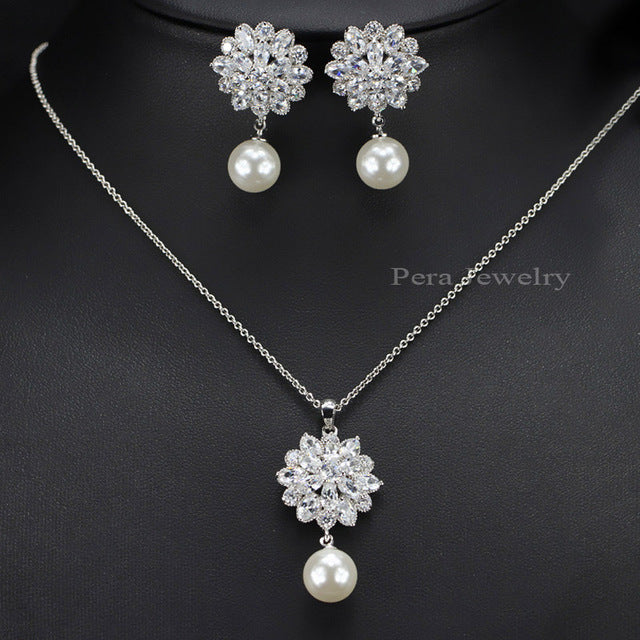 fashion ladies cz crystal big snowflake drop freshwater pearl necklace earrings jewelry set for valentine's day gift white gold plated