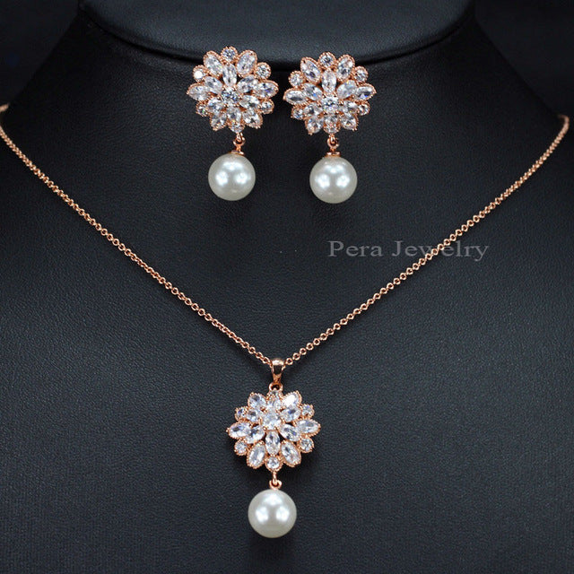 fashion ladies cz crystal big snowflake drop freshwater pearl necklace earrings jewelry set for valentine's day gift rose gold plated