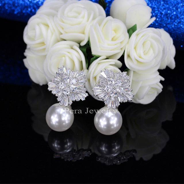 noble design cz brand jewelry big freshwater simulated pearl long drop bridal wedding party earrings for brides white