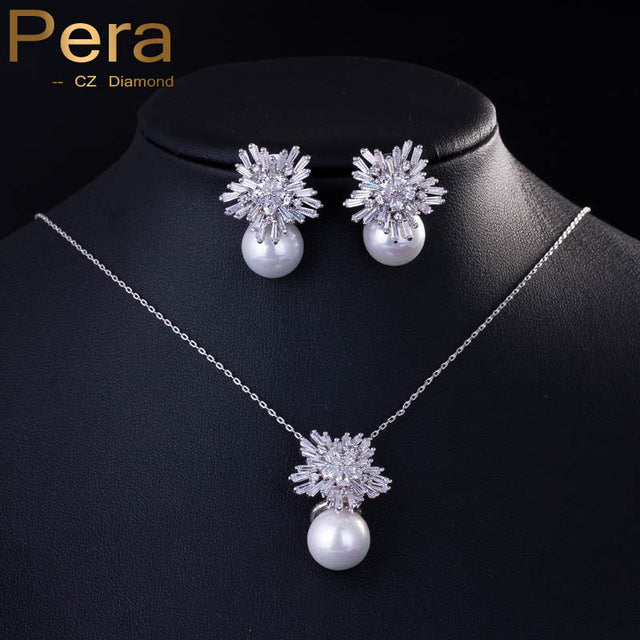 gorgeous large cubic zirconia flower drop pendant necklace and earrings women party jewelry set with imitation pearls white