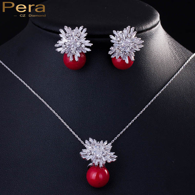 gorgeous large cubic zirconia flower drop pendant necklace and earrings women party jewelry set with imitation pearls red