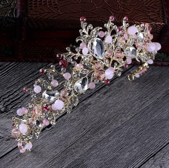 luxury pearl bridal crowns handmade tiara bride headband pink crown