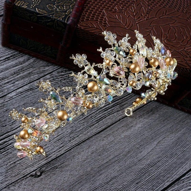 luxury pearl bridal crowns handmade tiara bride headband gold crown