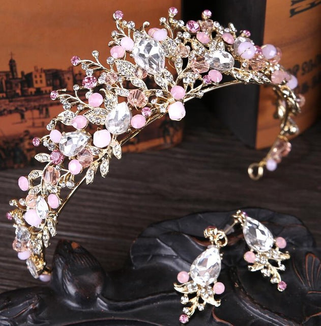 luxury pearl bridal crowns handmade tiara bride headband pink with earrings