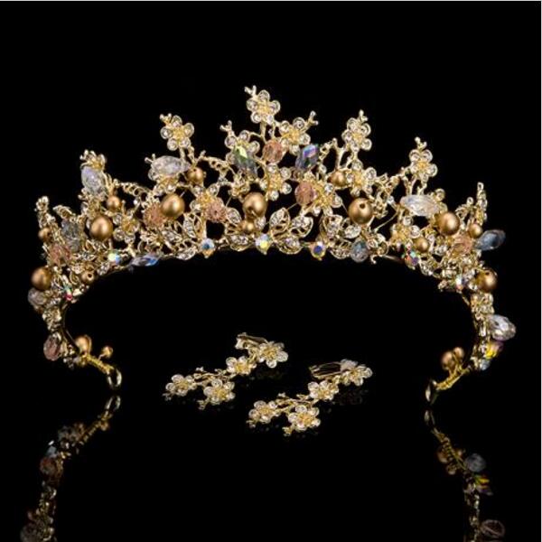 luxury pearl bridal crowns handmade tiara bride headband gold with earrings