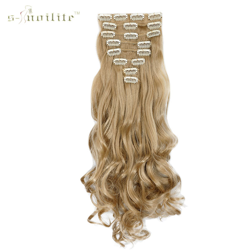 snoilite 24inch 170g long curly 18 clips in false hair styling synthetic hair extensions hairpiece 8pcs/set soft natrual black