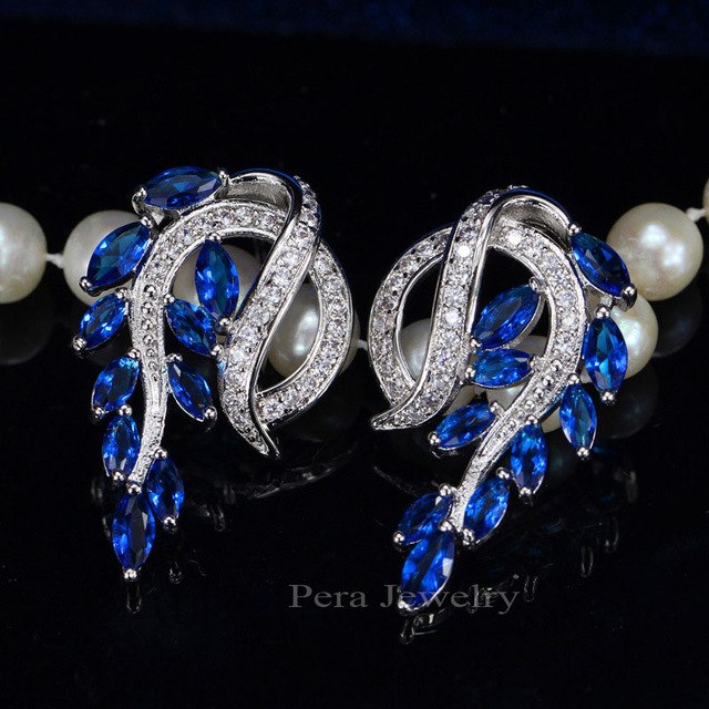 classic silver color royal jewelry elegant marquise blue drop cubic zirconia crystal big stud earrings for women blue