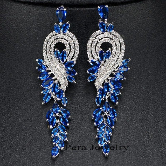luxury royal right and left asymmetric design women party jewelry big marquise long drop cubic zirconia blue earrings blue