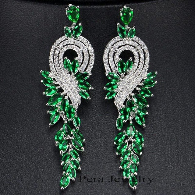 luxury royal right and left asymmetric design women party jewelry big marquise long drop cubic zirconia blue earrings green