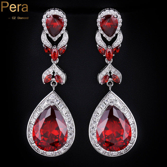 hot selling pera cut jewelry silver color red cubic zirconia crystal long water big drop women earrings for gift red
