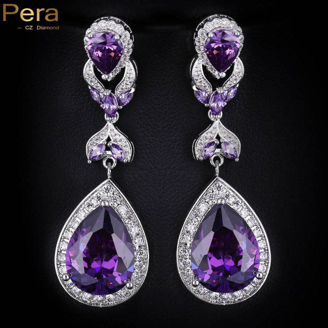 hot selling pera cut jewelry silver color red cubic zirconia crystal long water big drop women earrings for gift purple