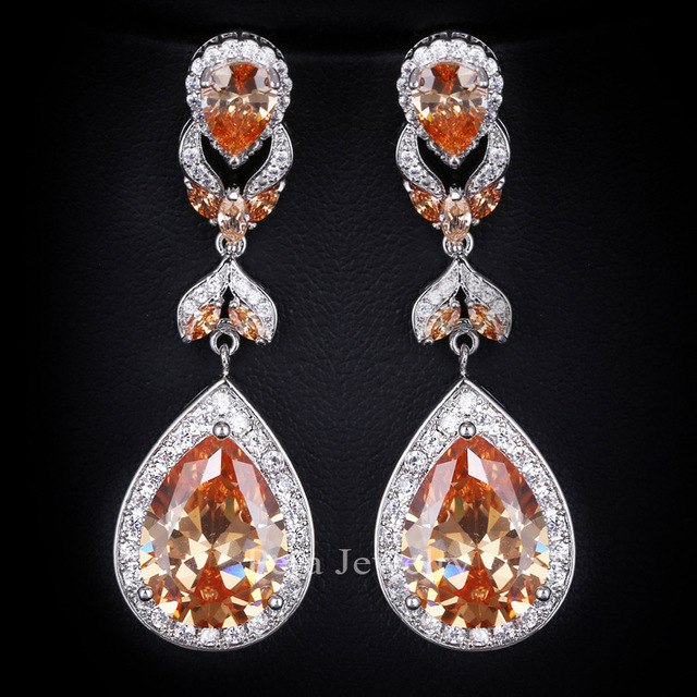 hot selling pera cut jewelry silver color red cubic zirconia crystal long water big drop women earrings for gift champagne
