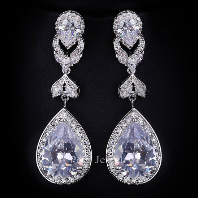 hot selling pera cut jewelry silver color red cubic zirconia crystal long water big drop women earrings for gift white