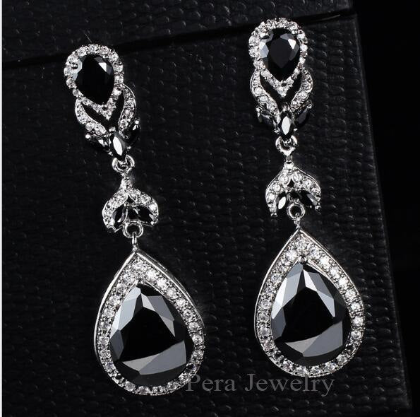 hot selling pera cut jewelry silver color red cubic zirconia crystal long water big drop women earrings for gift black