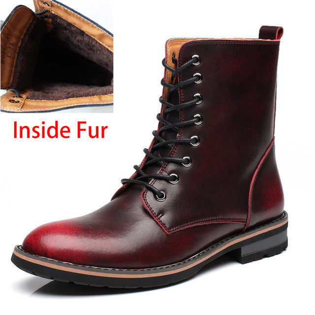 surgut men motorcycle boots vintage combat boot winter fur 2018 new cow split leather waterproof buckle military boots men shoes