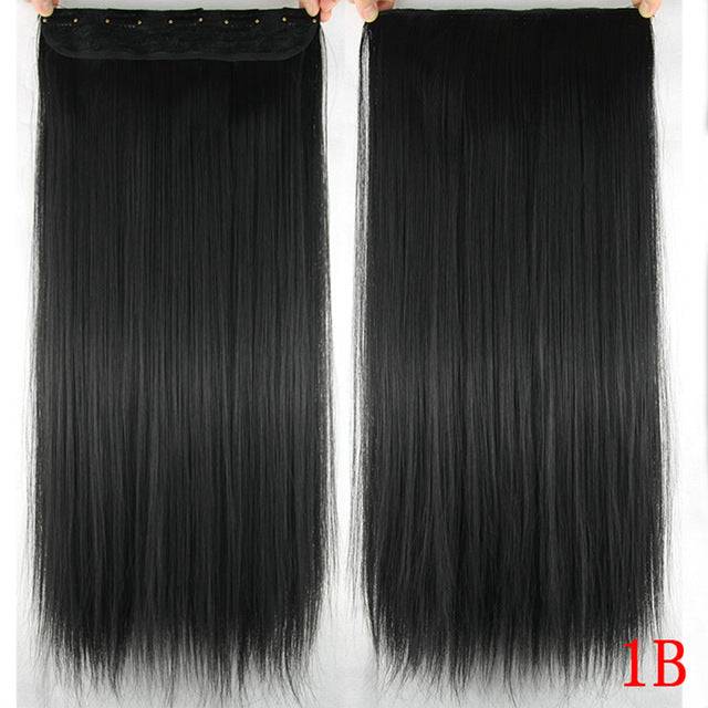 60cm long straight women clip in hair extensions black brown high tempreture synthetic hair piece #1b / 24inches