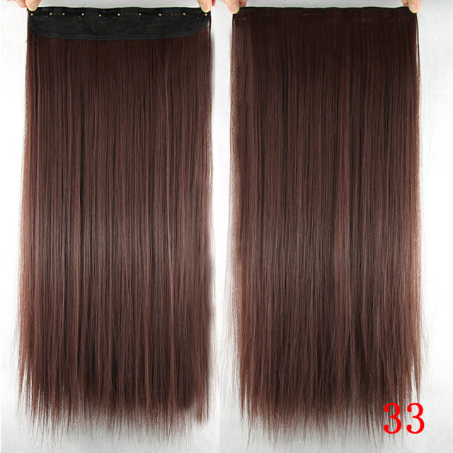 60cm long straight women clip in hair extensions black brown high tempreture synthetic hair piece #33 / 24inches