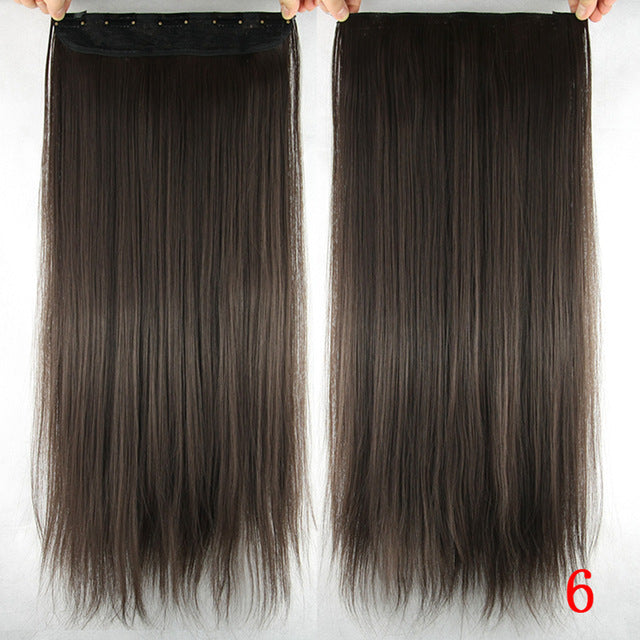 60cm long straight women clip in hair extensions black brown high tempreture synthetic hair piece #6 / 24inches