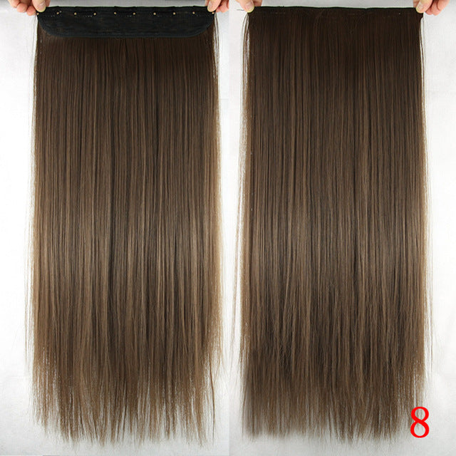 60cm long straight women clip in hair extensions black brown high tempreture synthetic hair piece #8 / 24inches