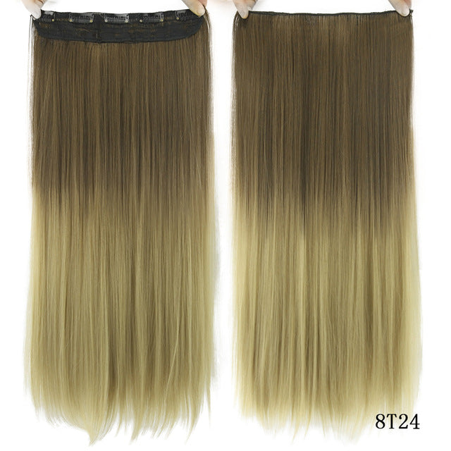 60cm long straight women clip in hair extensions black brown high tempreture synthetic hair piece 1b/silver grey / 24inches