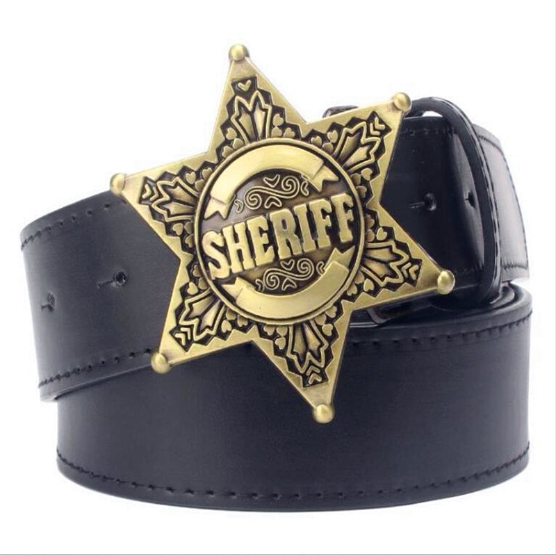 fashion men's belt metal buckle belts sheriff badge retro hexagon star sign western style cowboy pu leather belt