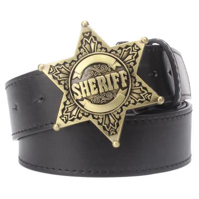 fashion men's belt metal buckle belts sheriff badge retro hexagon star sign western style cowboy pu leather belt 1