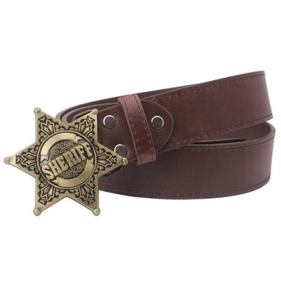fashion men's belt metal buckle belts sheriff badge retro hexagon star sign western style cowboy pu leather belt 2