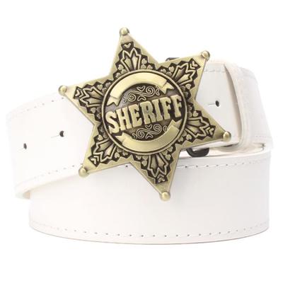 fashion men's belt metal buckle belts sheriff badge retro hexagon star sign western style cowboy pu leather belt 3