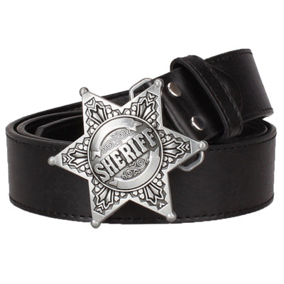 fashion men's belt metal buckle belts sheriff badge retro hexagon star sign western style cowboy pu leather belt 4
