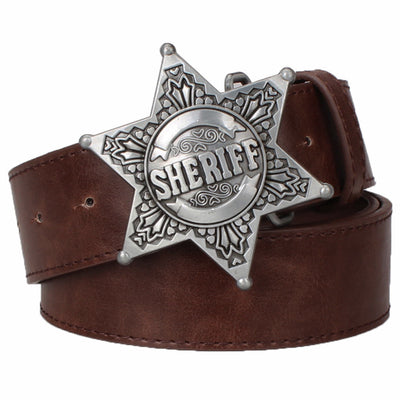 fashion men's belt metal buckle belts sheriff badge retro hexagon star sign western style cowboy pu leather belt 5