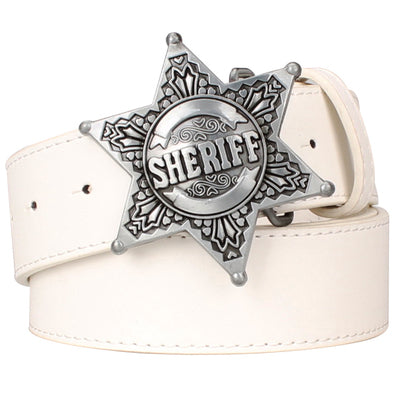 fashion men's belt metal buckle belts sheriff badge retro hexagon star sign western style cowboy pu leather belt 6