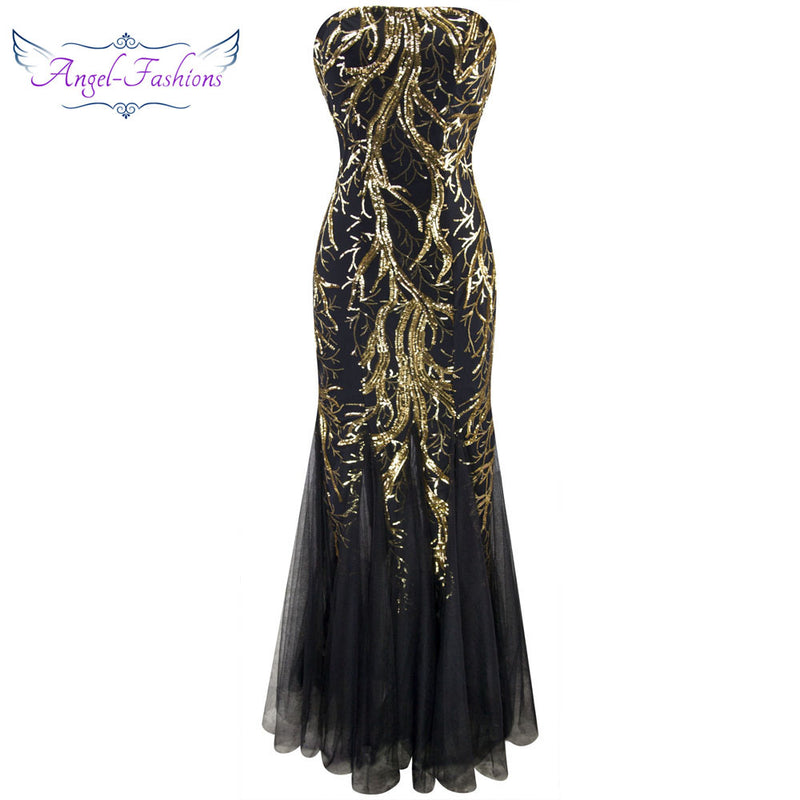 angel-fashions strapless golden branch sequined  mermaid full length evening dress