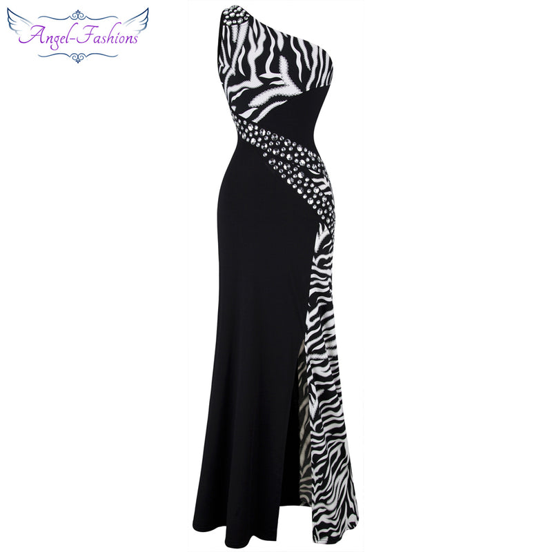 angel-fashions one shoulder zebra gemstones stitching evening dress black ballkleid 072