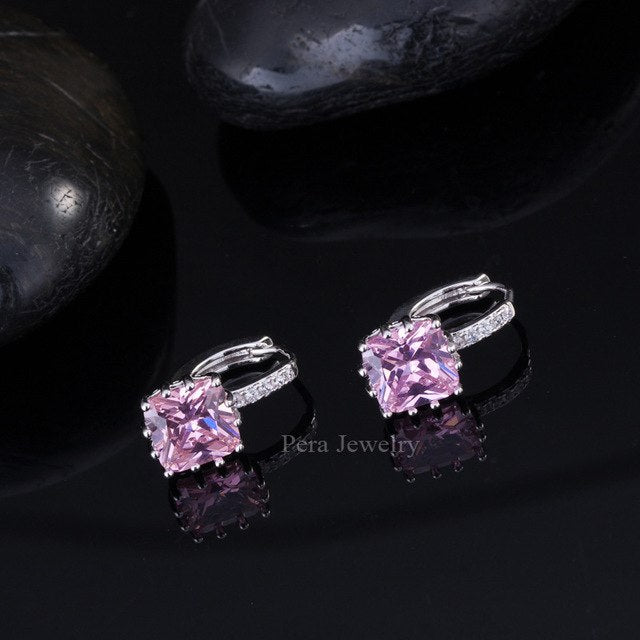 trendy women crystal jewelry white gold color pink cubic zirconia stone big square shape stud earring pink
