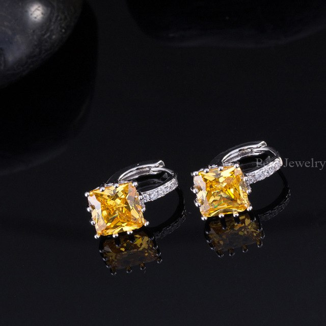 trendy women crystal jewelry white gold color pink cubic zirconia stone big square shape stud earring yellow