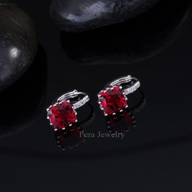 trendy women crystal jewelry white gold color pink cubic zirconia stone big square shape stud earring red