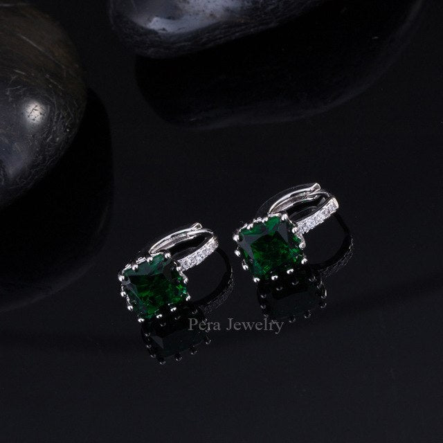 trendy women crystal jewelry white gold color pink cubic zirconia stone big square shape stud earring green