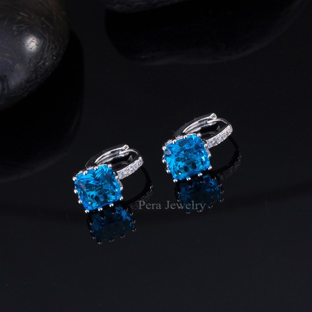 trendy women crystal jewelry white gold color pink cubic zirconia stone big square shape stud earring light blue