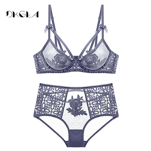 new fashion luxury lingerie set sexy brassiere embroidery flowers underwear set women transparent lace green bras ultrathin