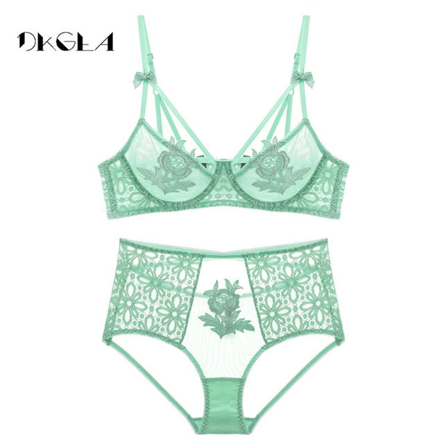 new fashion luxury lingerie set sexy brassiere embroidery flowers underwear set women transparent lace green bras ultrathin