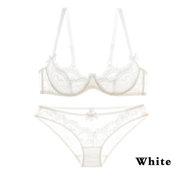 white lace bra set 1/2 cup hollow out brassiere see through bra transparent lingerie women plus size sexy underwear sets